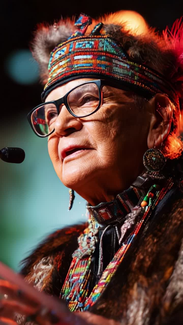 Elderly Indigenous Woman Speaking Passionately on Stage; Exuding Wisdom, Tradition, and Cultural Pride Through Her Attire and Expression in a Captivating Performance