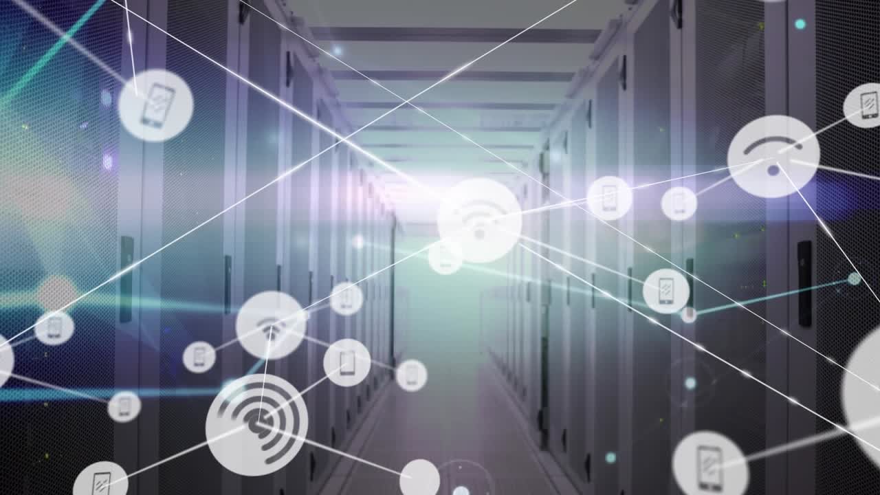 Animation of network of connections with icons over computer servers