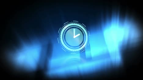 Neon-digital-clock-ticking-over-blue-glowing-abstract-shapes-against-black-background