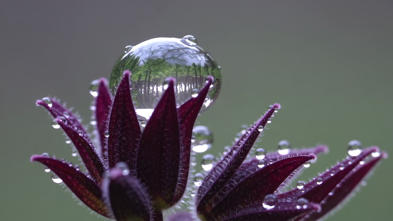 Water Droplet Reflection on Purple Flower