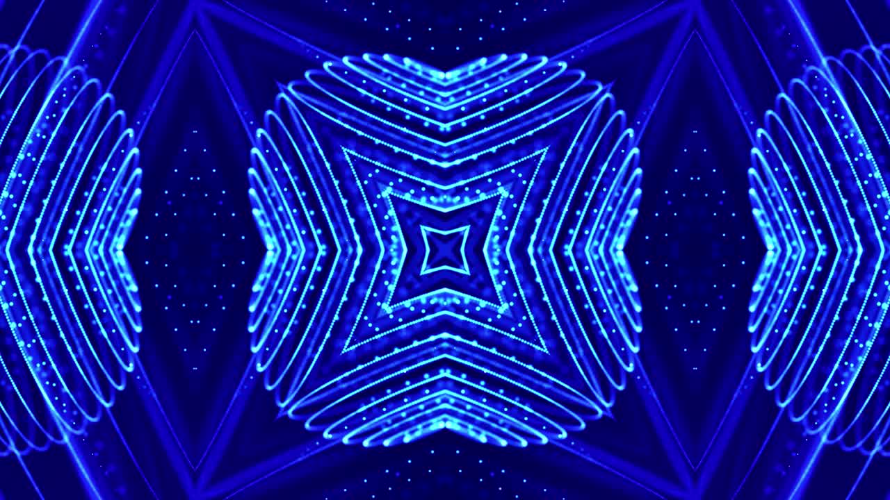 Abstract theme of microworld or nanotechnology. 4k looped sci-fi 3d background with light effects. Glow blue particles form lines, surfaces, complex symmetrical structures like in kaleidoscope.