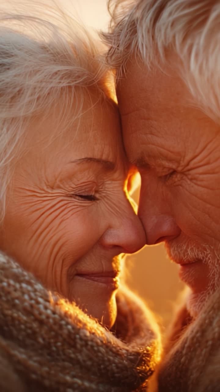 Catturando il legame senza tempo dell'amore: un momento commovente tra due anime anziane che condividono una profonda connessione sotto il tramonto splendente.