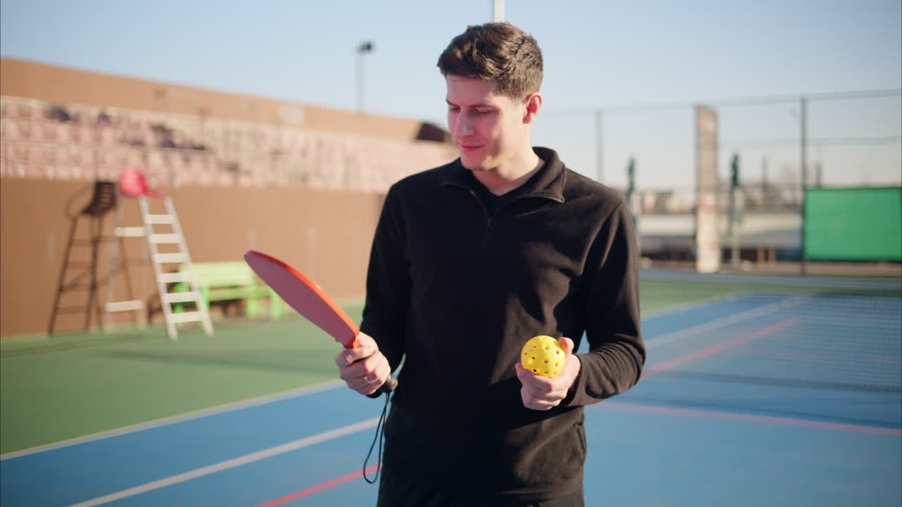 A happy and smiling man in black clothes holding a red pickleball racket and a yellow ball on a blue court on a sunny day