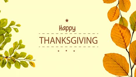 Animation-of-happy-thanksgiving-text-over-autumn-leaves-on-yellow-background