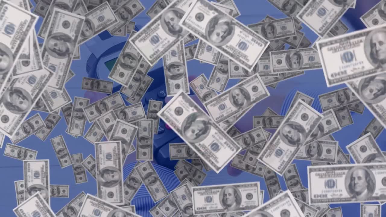 animación de billetes de dólares estadounidenses que caen sobre la terminal de pago
