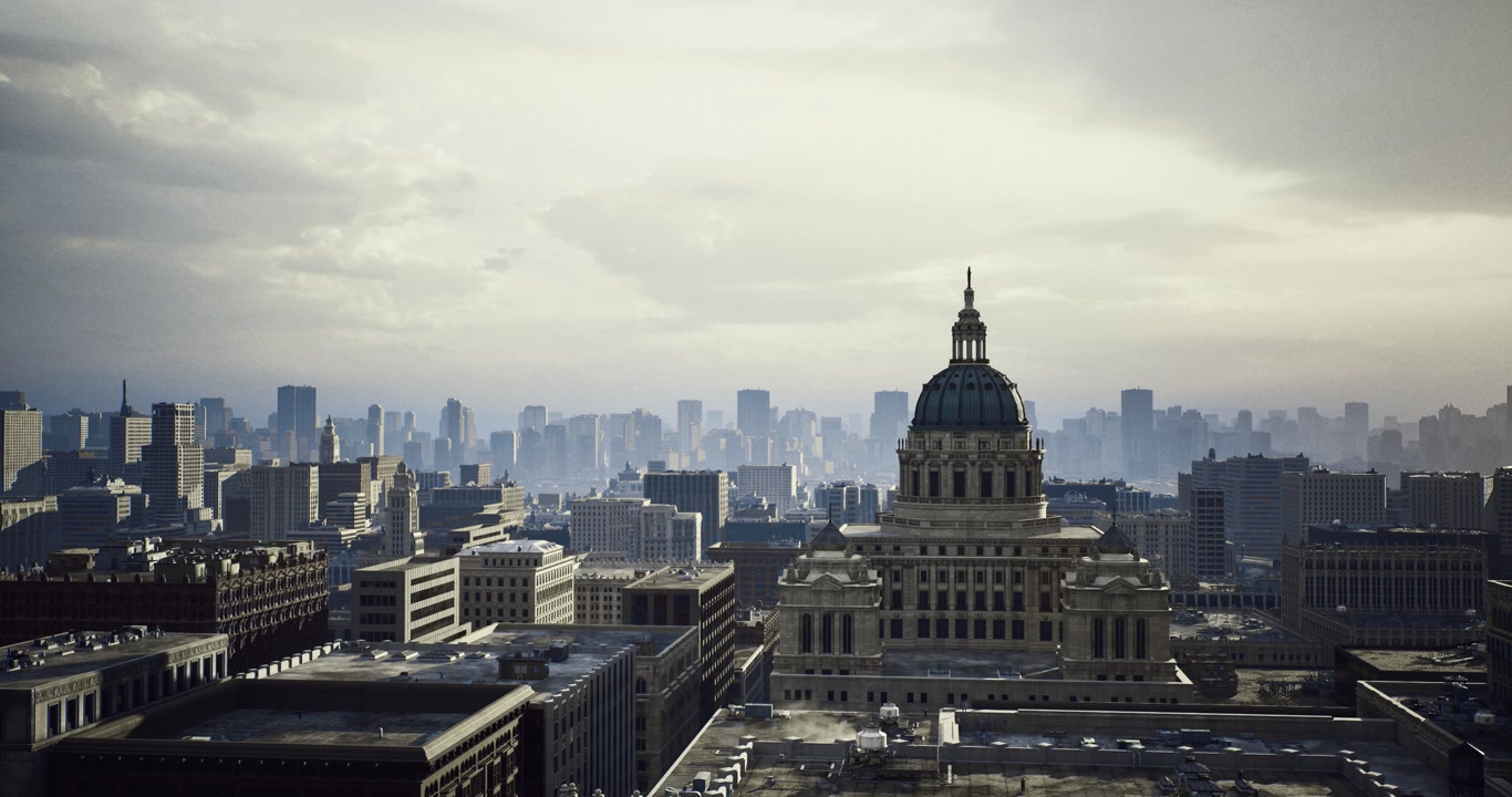 Sunset horizon over city with reflective rooftops and cinematic noir tone