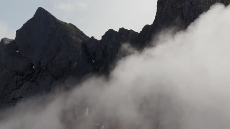 Aerial-view-of-Segla-mountain-above-the-sky,-Norway-during-summer