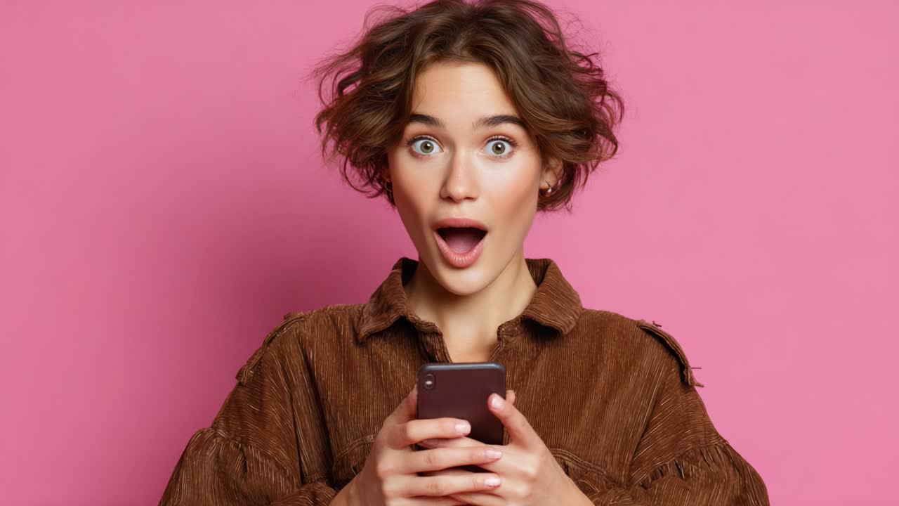 A young woman displays a range of emotions in two frames, showcasing surprise and joy while holding her smartphone against a vibrant pink background