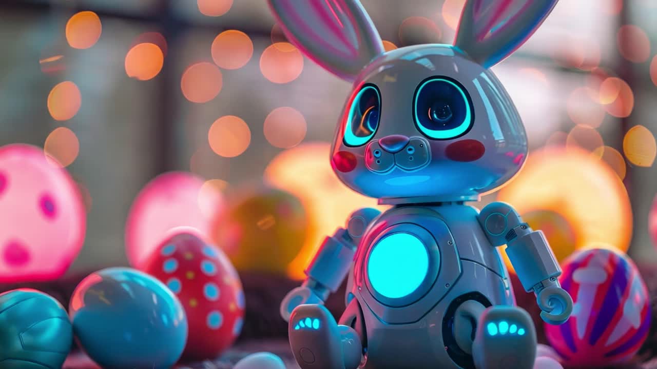 Un simpatico coniglio pasquale robotico tra luci e uova colorate