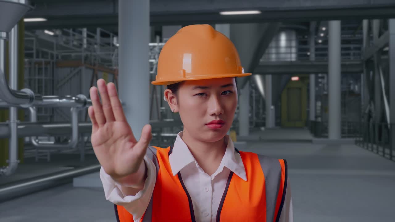 Primo piano di un'ingegnera asiatica con casco di sicurezza che esprime disapprovazione con un gesto di diniego con la mano mentre è in piedi all'interno di una distilleria con grandi serbatoi di fermentazione.