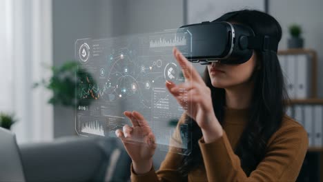 immersive virtual reality experience: a woman interacts with futuristic data visualizations using advanced vr technology