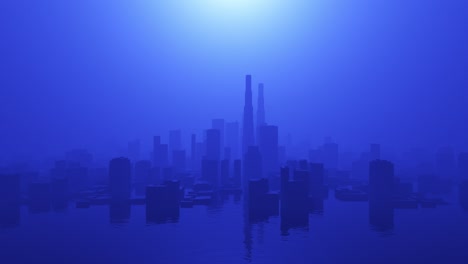 blue surreal 3d looping cityscape flooded with water in hazy fog background