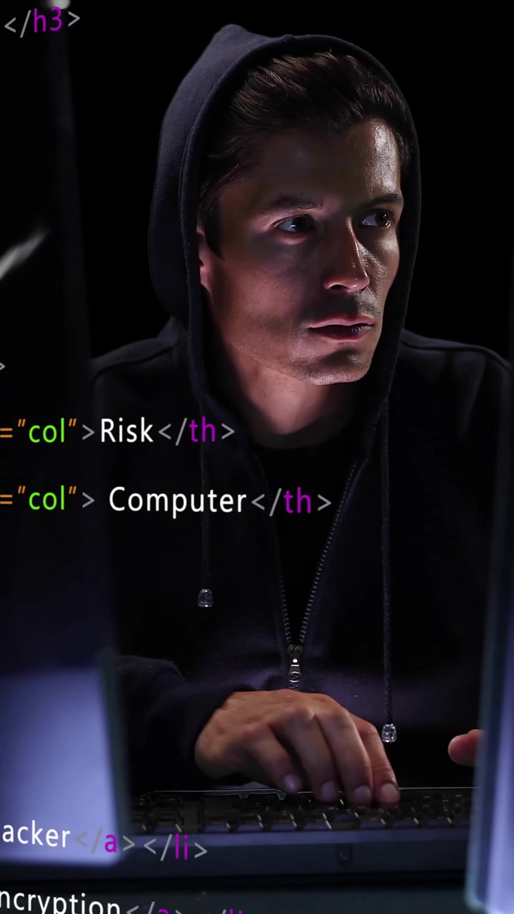 Animation af databehandling over mandlig computerhacker, der bruger computer