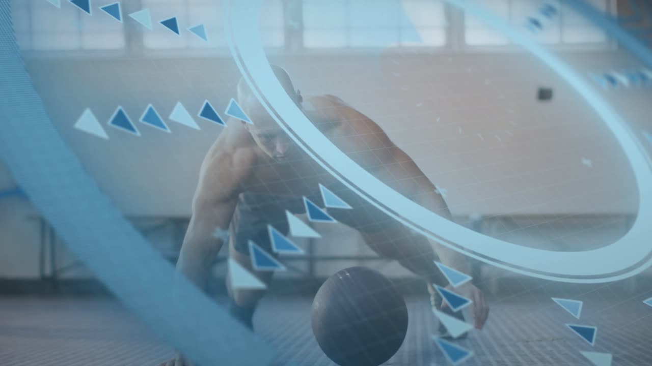 Man gripping kettlebell and doing plank pushups for core strength, HUD graphic showing motion