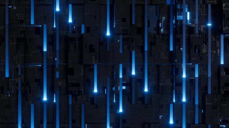 Sfondo astratto futuristico con raggi di luce digitale blu luminosi