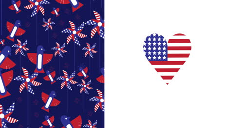 animation of red, white and blue american flag colours with heart on white