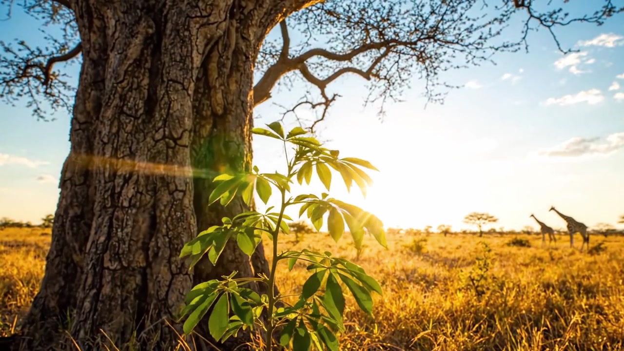 Majestetisk solnedgang på den afrikanske savannen med en levende grønn plante ved foten av et solid tre og ruvende sjiraffer i bakgrunnen