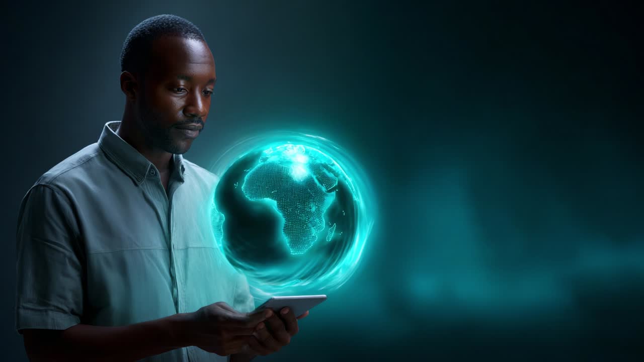 A contemplative individual engages with a holographic representation of Earth, symbolizing global connectivity, technology, and the importance of staying informed about international developments through digital means