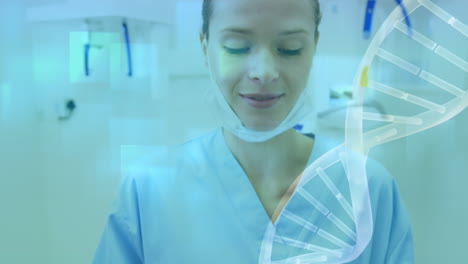 animación de la hilera de adn girando y procesamiento de datos sobre una doctora caucásica usando una tableta