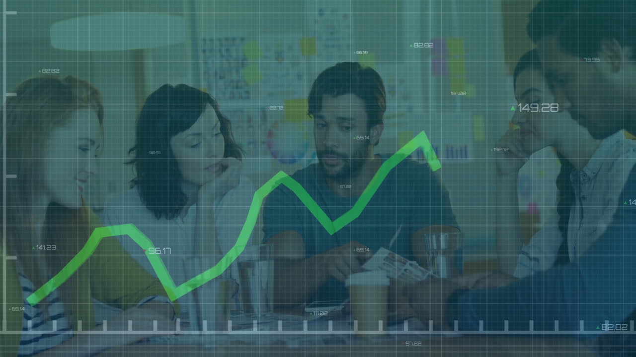 Marketing team reviewing charts in business meeting, showing animated financial graph overlay