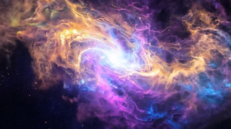 Transforming gaseous nebula showcases purple and blue galactic gases shifting to vibrant orange hues