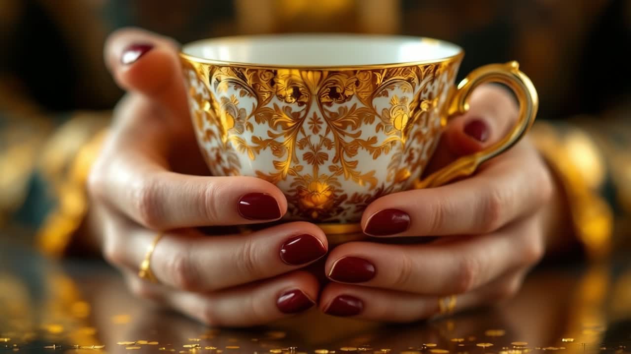 Woman's hands with dark red nail polish holding a richly decorated porcelain teacup with gold decorations