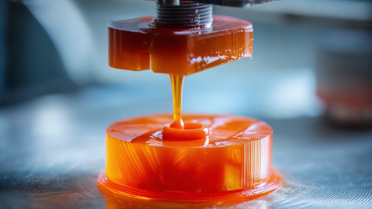 Close-Up of a 3D Printer Extruding Viscous Orange Resin in a Detailed Layering Process, Capturing the Precision of Modern Additive Manufacturing Technology