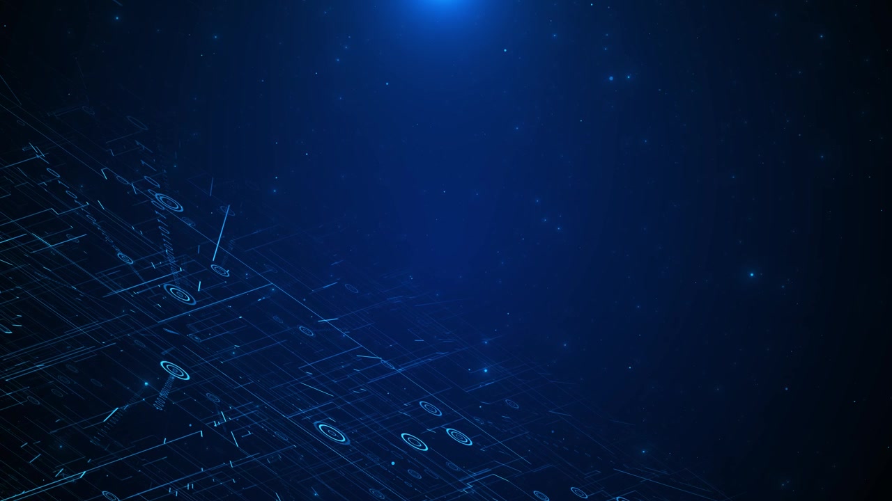 Sfondo spaziale futuristico blu con circuiti, linee digitali sul lato sinistro, particelle a forma di stella e area scura aperta
