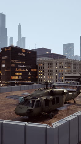 black hawk helicopter on a rooftop in a city