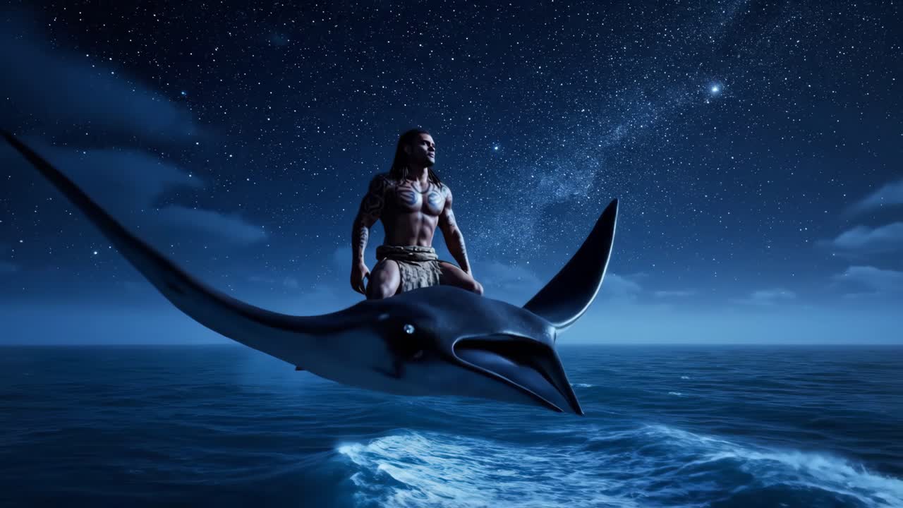 Man Riding a Manta Ray Under the Stars