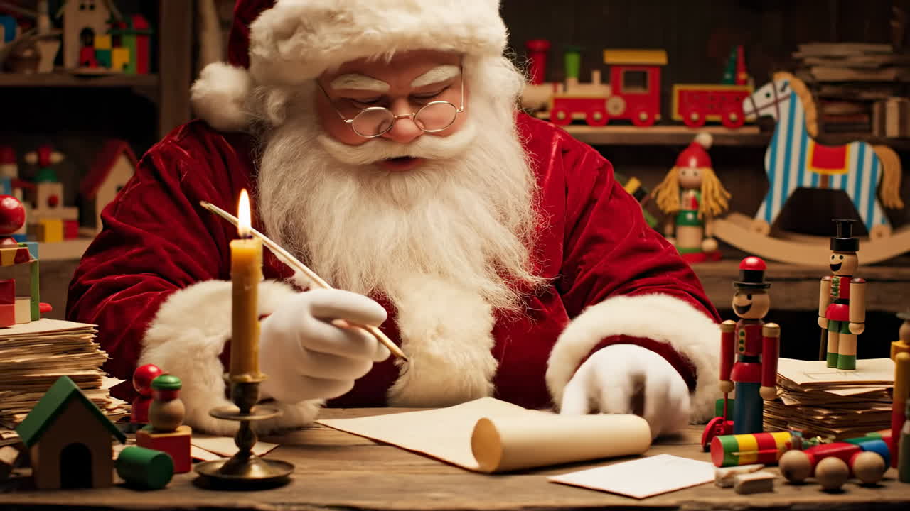 Babbo Natale che scrive la lista dei desideri di Natale. Babbo Natale che scrive a lume di candela una lista dei desideri di Natale in un laboratorio accogliente circondato da giocattoli e decorazioni festive