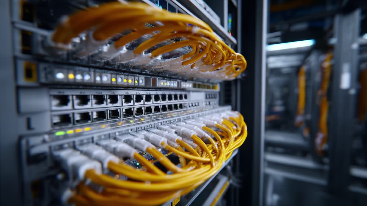 Close-Up View of Network Switch Panels Featuring Vibrant Yellow Fiber Optic Cables and Active Port Indicators in a Modern Data Center Environment
