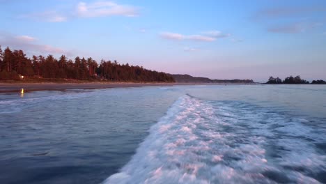 Low-level-aerial-ocean-water-calm-waves,-coastline-forest-tree,-Vancouver-Canada