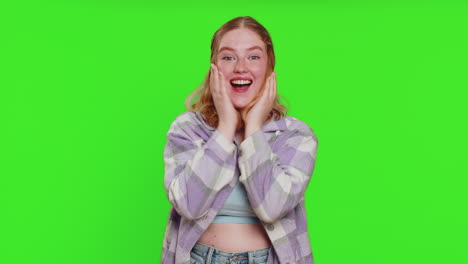 excited amazed woman surprise looking at camera with big eyes, shocked by sudden victory wow emotion