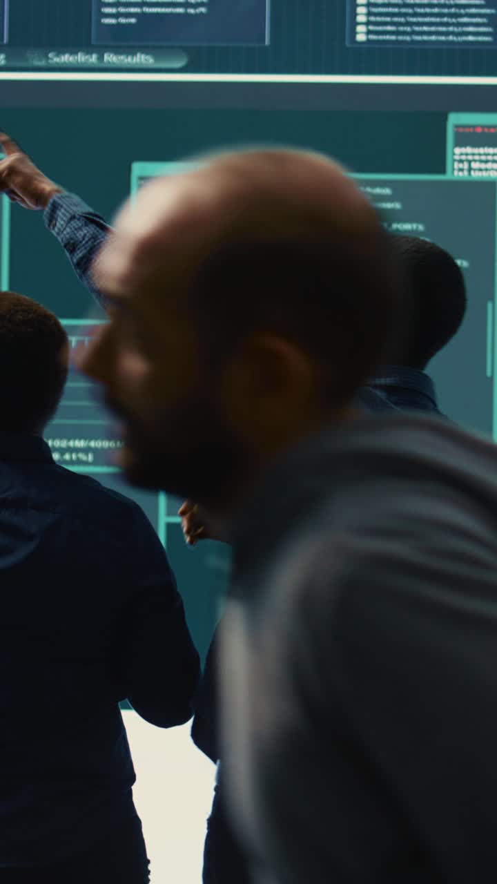 Two Programmers Discussing Code and Data on Large Digital Screens