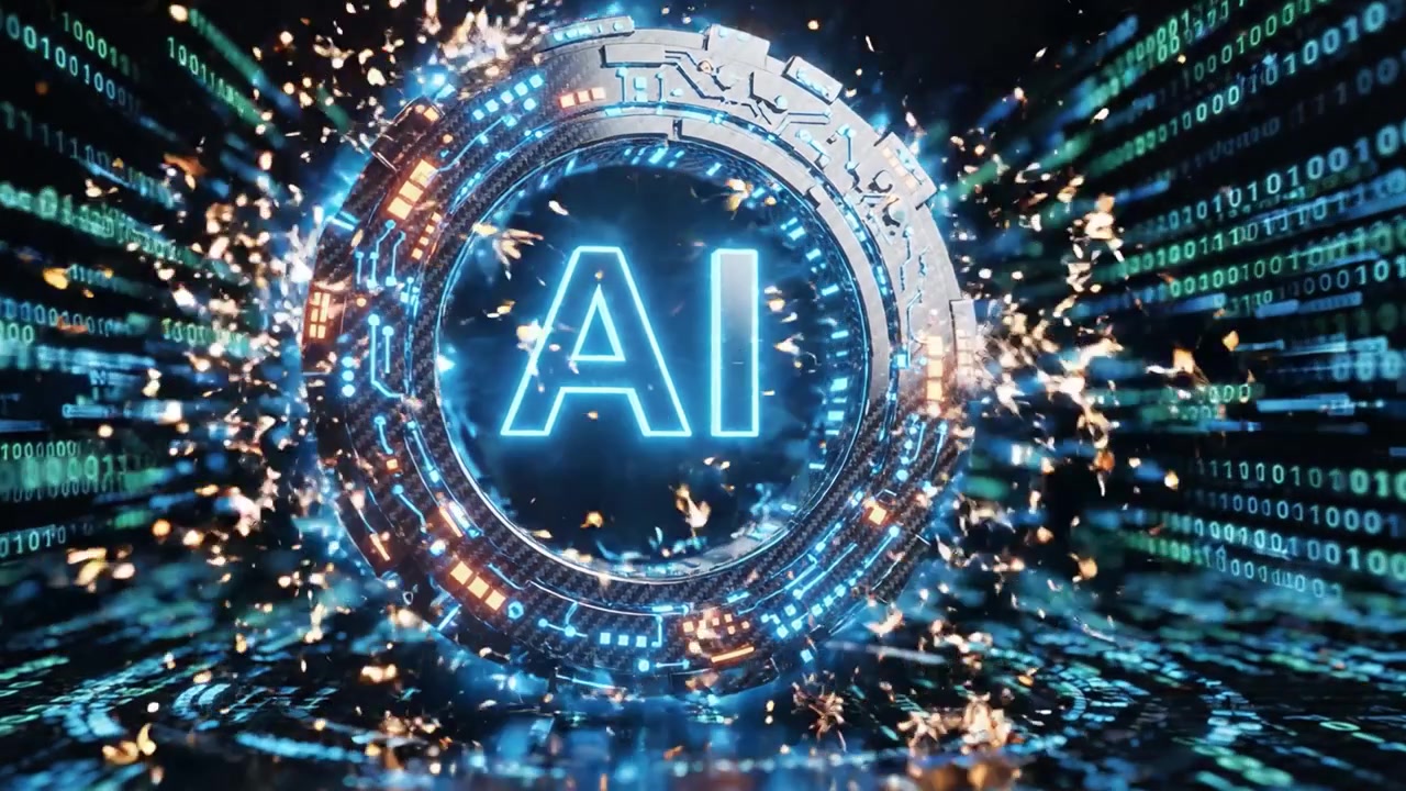 A Futuristic Representation of Artificial Intelligence: A Glowing AI Portal Surrounded by Data Streams and Cybernetic Patterns in a Digital Environment