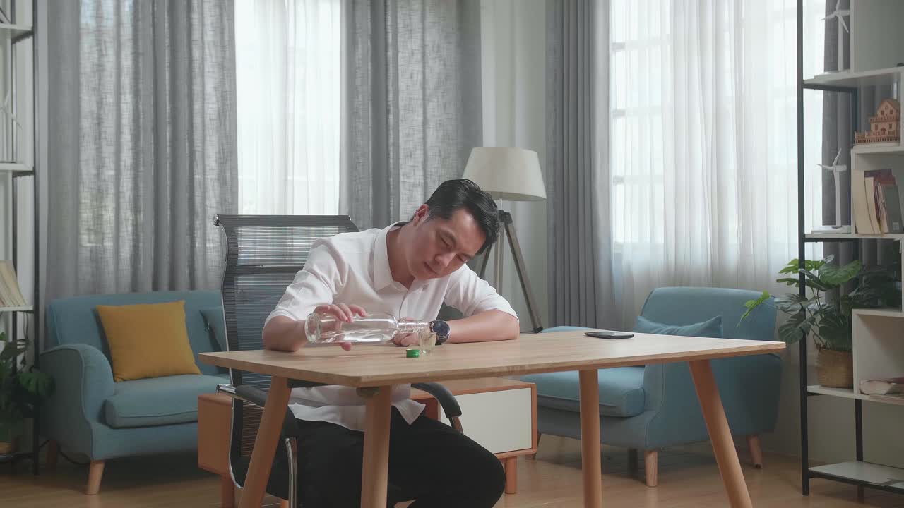 술에 취한, 우울한 아시아 남자가 테이블 위에 스마트폰을 들고 집에서 술을 마시기 전에 크 컵에 보드카를 부어 놓습니다.