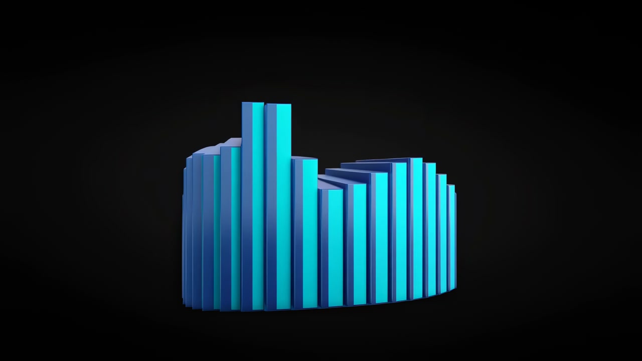 Blåt D-søjlediagram skykort på sort scene med blødt spotlys, stigende søjler danner skyformet histogram