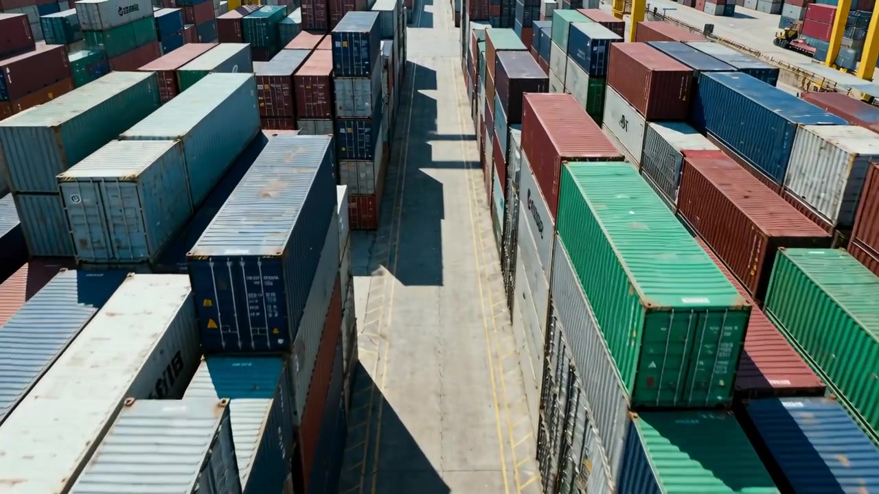 Startende luftkamera bevæger sig ned ad brolagt vej i havneområde, viser containerstabler og kran.