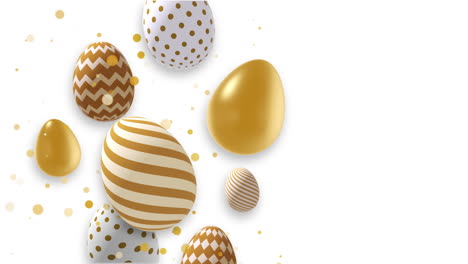 swirling festive easter eggs with patterns on a white background. gold ornament and particles. looped video with blank space for text.