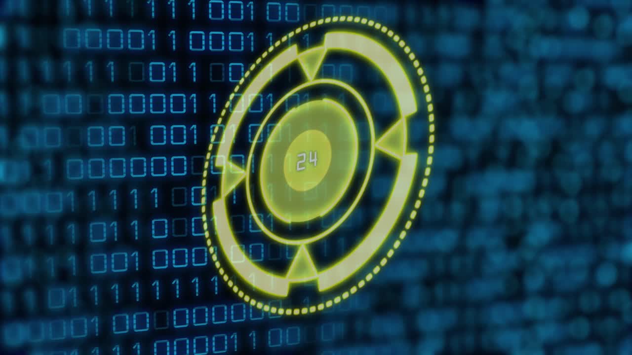 animación de círculo amarillo con números sobre código binario