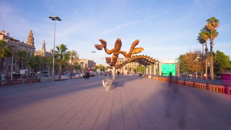 spain barcelona sunset light walking bay lobster monument 4k time lapse