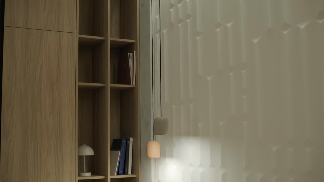 Modern Interior Design with Wooden Cabinets and Geometric Wall Paneling