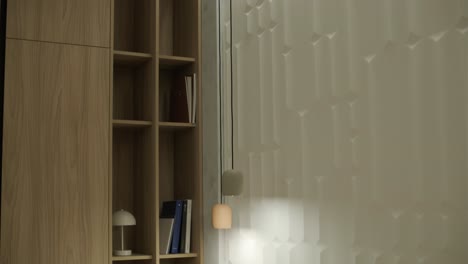 modern interior design with wooden cabinets and geometric wall paneling