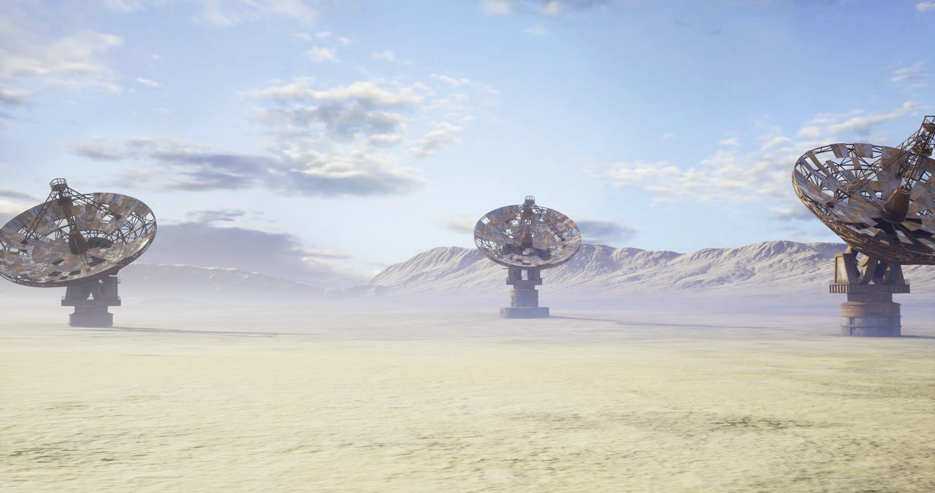 Peaceful desert view featuring telescopes beneath pale blue sky