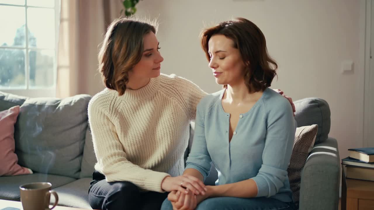 Seeing downcast right woman in blue-top, left woman in cream-sweater comforting on sofa near books
