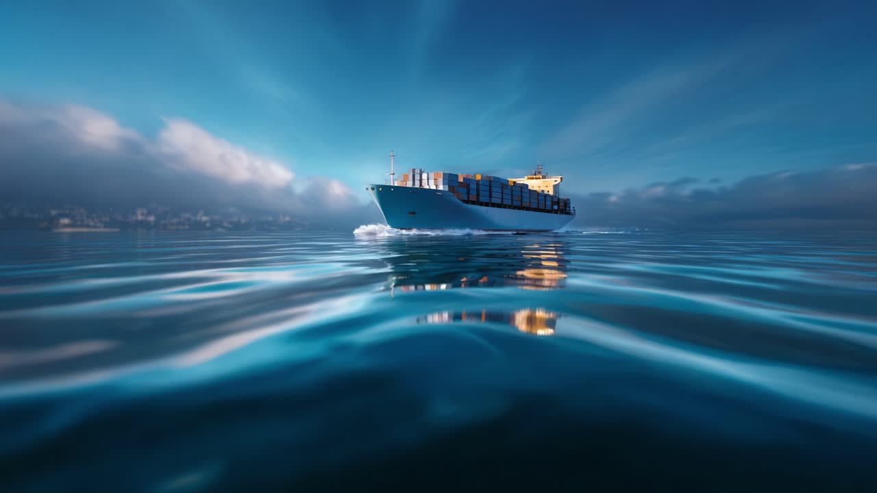 Massive Container Ship Plowing Through Calm Waters, Showcasing Maritime Transportation with Cargo and Container Movement Under Clear Blue Skies