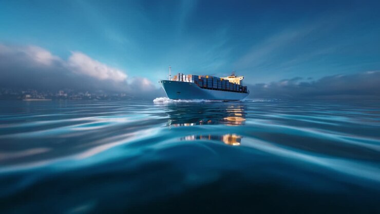 Massive Container Ship Plowing Through Calm Waters, Showcasing Maritime Transportation with Cargo and Container Movement Under Clear Blue Skies