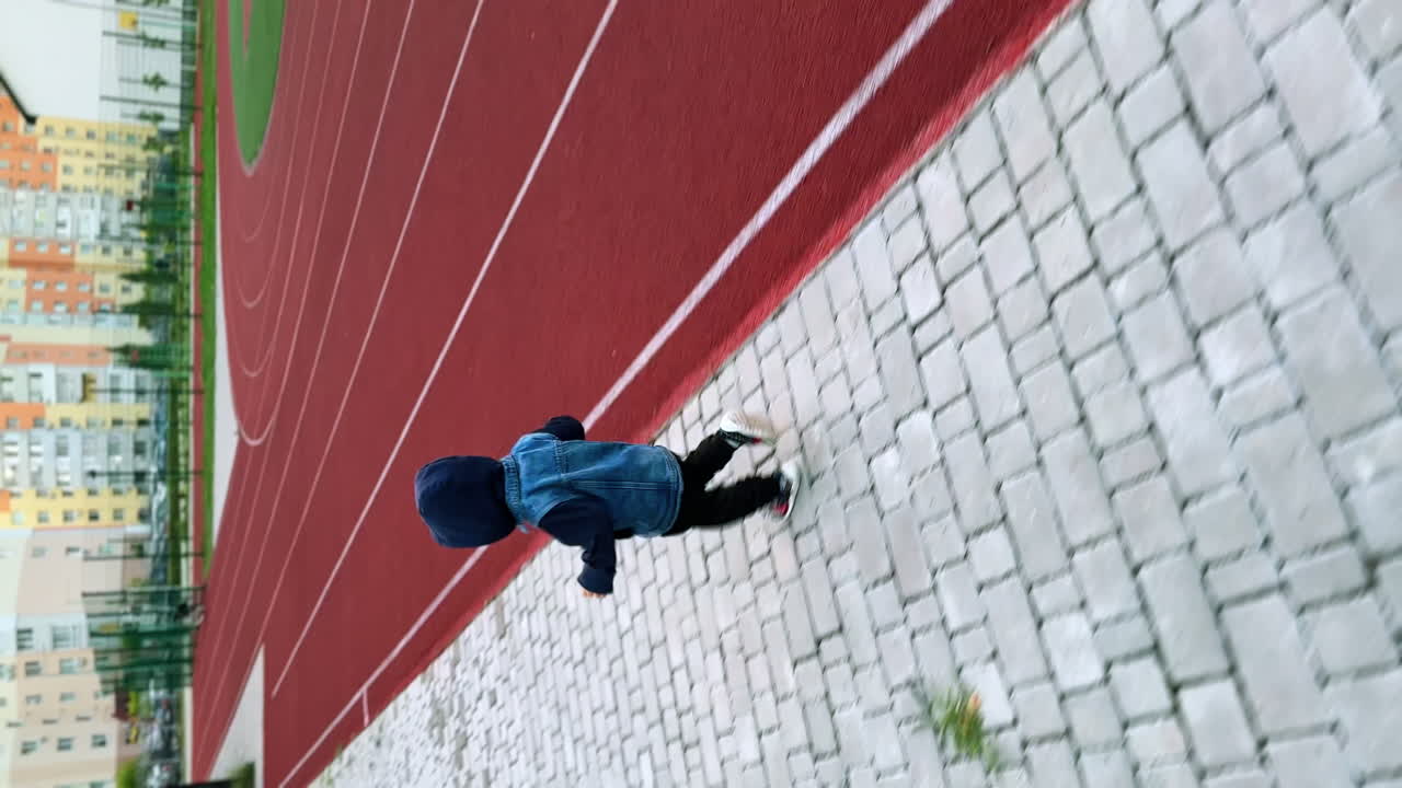 Little baby boy running cheerfully by the stadium. Active free time spending outdoors in autumn. Vertical screen.