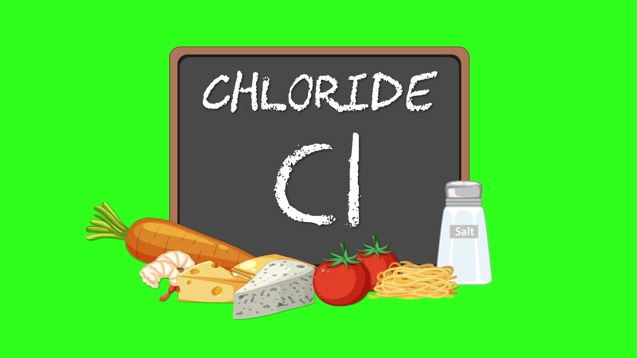 Un simbolo animato del cloruro su lavagna appare con diverse fonti alimentari su uno sfondo verde brillante